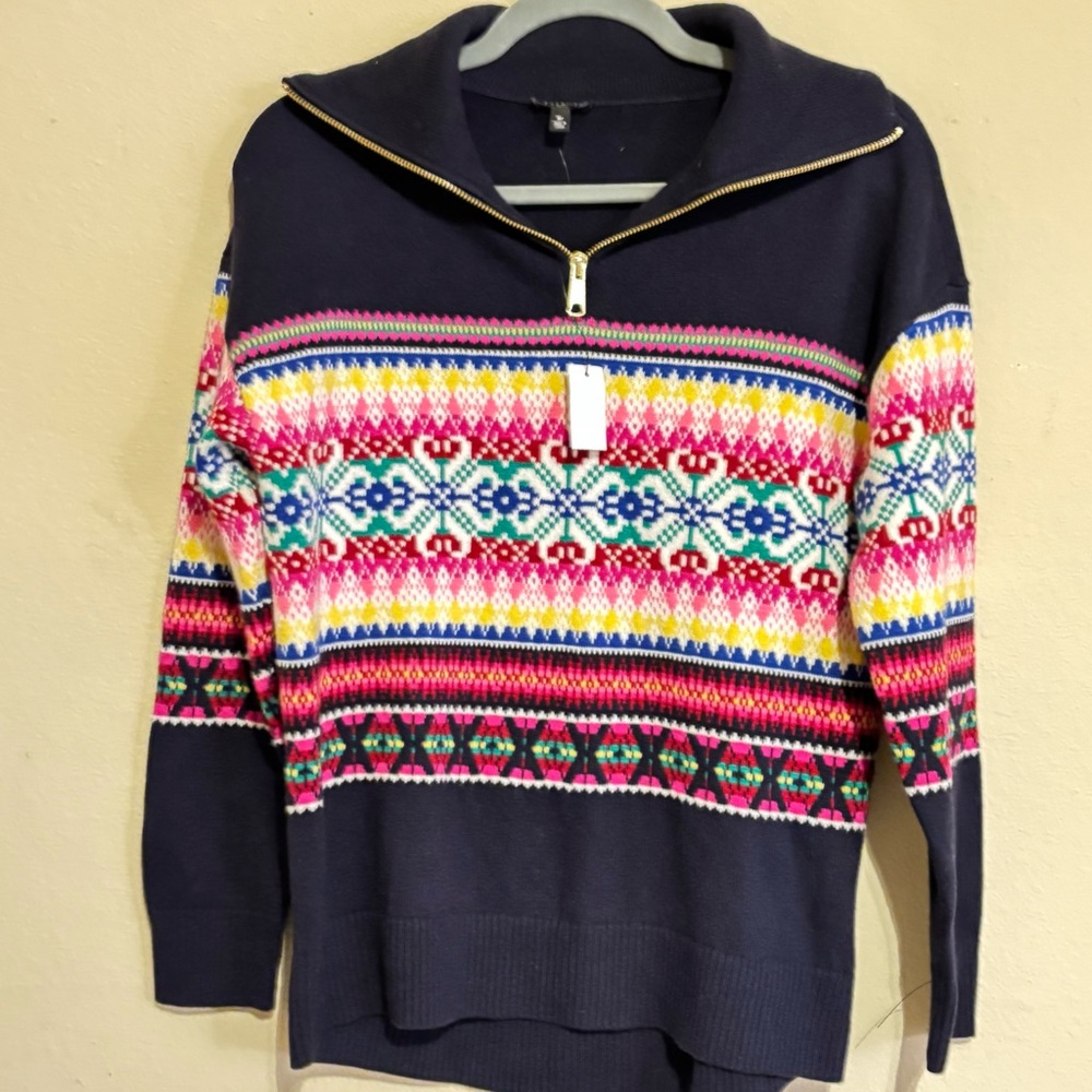 NWT Talbots Medium Petite Fair Isle 1/4 Zip Mock Pullover Sweater Colorful Navy